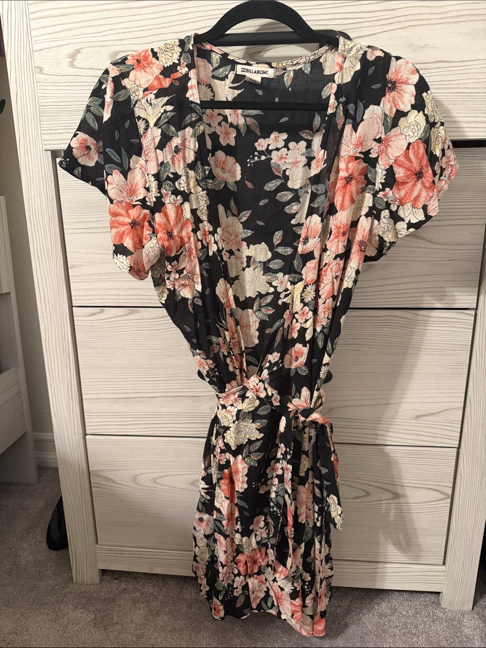 Billabong Black Floral Wrap Dress with Coral & Cream Flowers
